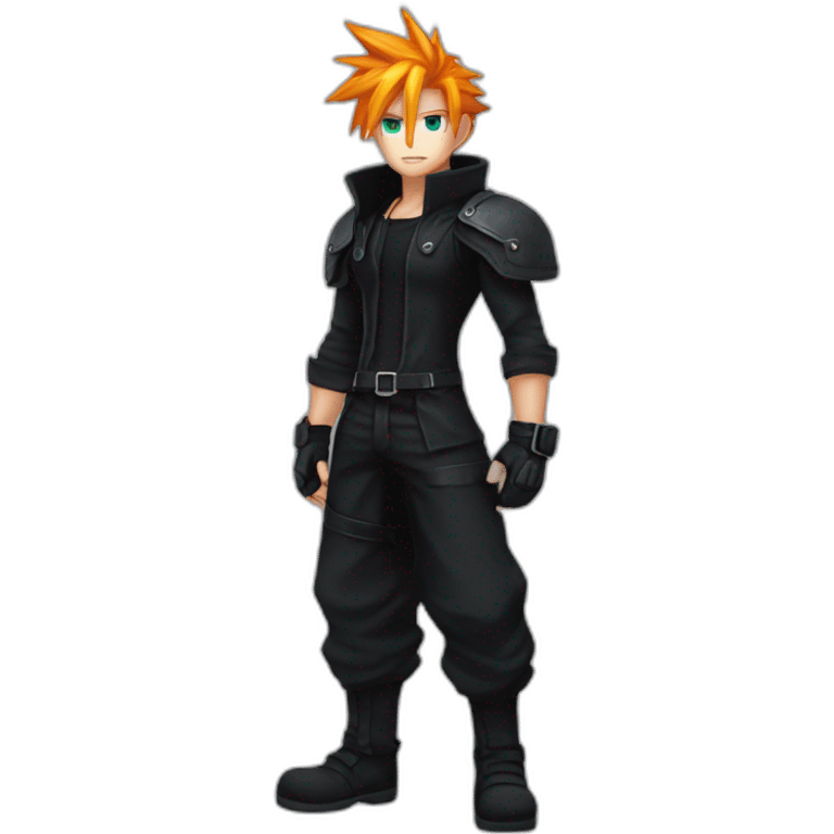 cloud strife with orange hair. Black clothes full body  emoji