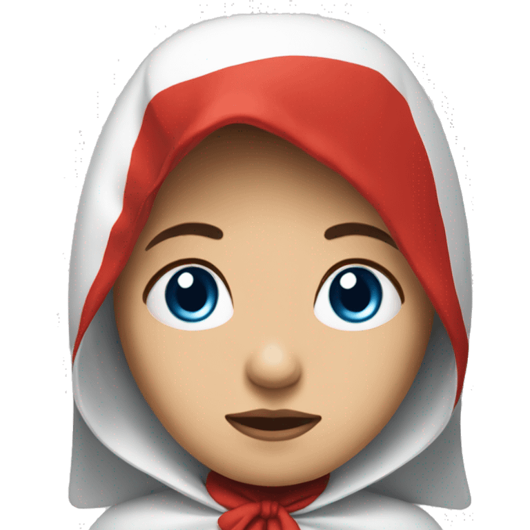 Sad woman with blue eyes wearing a red cape & a White bonnet with wings emoji