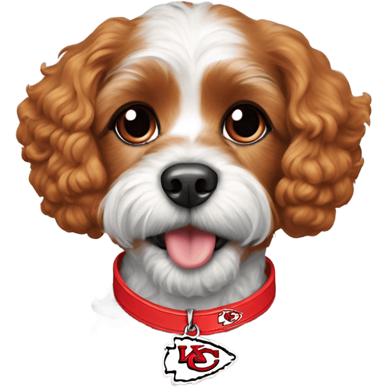 red cavapoo wearing a kansas city chiefs collar emoji