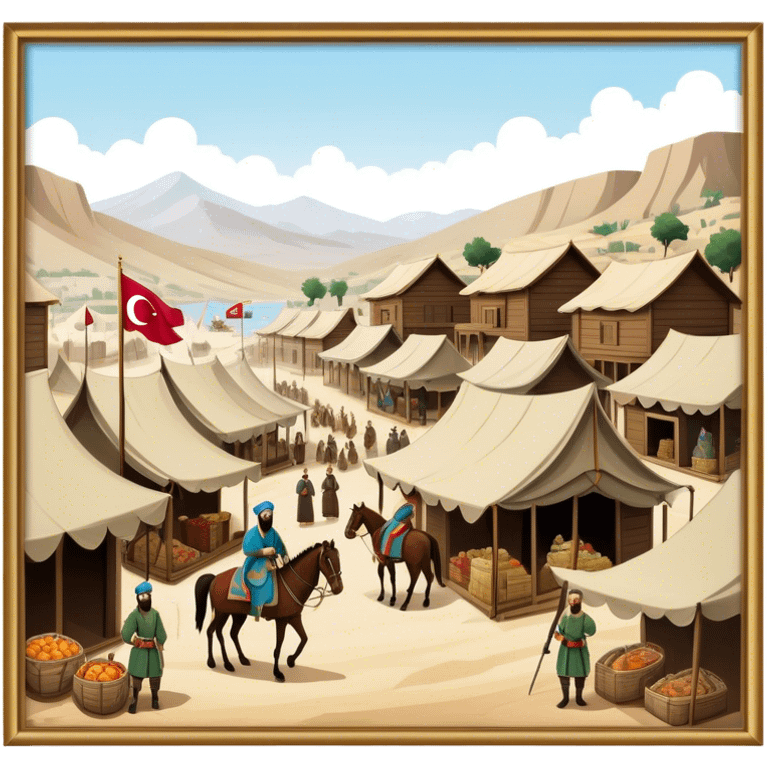 Early Ottoman settlement being built. Wooden houses, tents, and a small market. People in traditional Ottoman clothes, soldiers on horseback, and a flag waving emoji