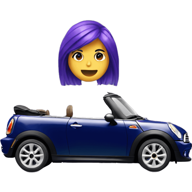 navy blue convertible Mini Cooper, with purple haired woman driving emoji