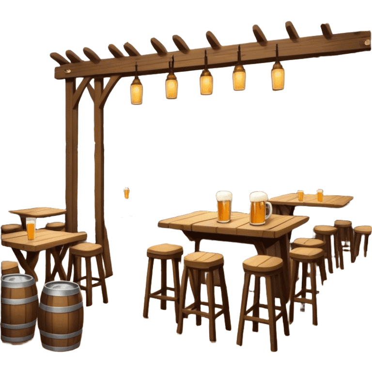 Cinematic Realistic Biergarten Pop Culture Emoji, showcasing a charming outdoor beer garden scene rendered with rustic details and inviting, soft lighting. emoji