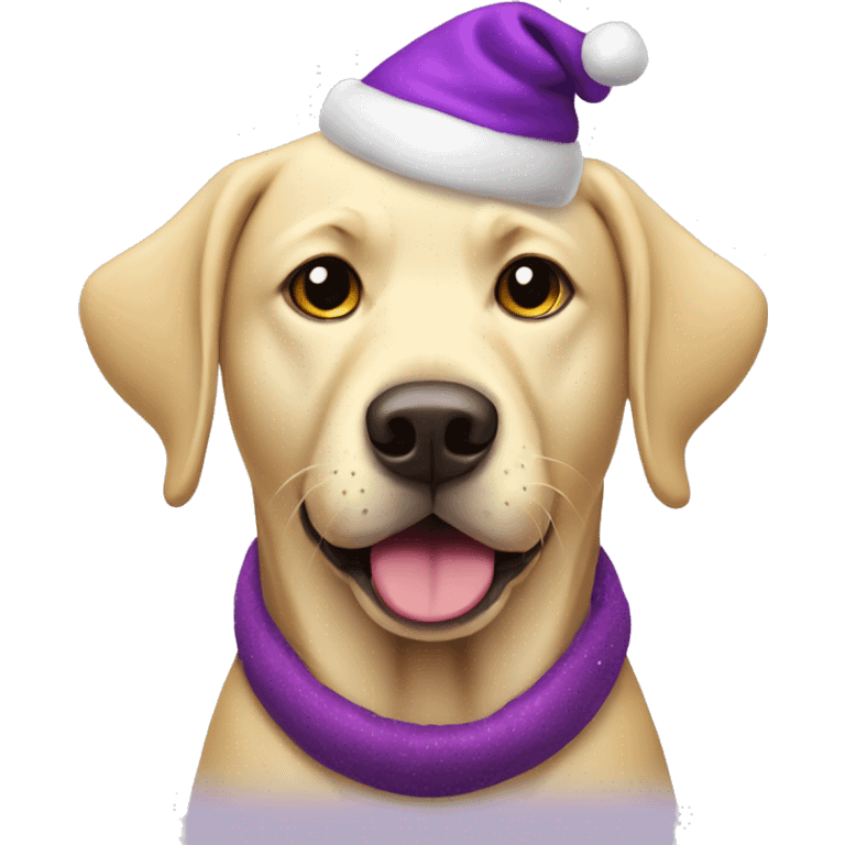 Yellow lab dog wearing purple Christmas ate emoji