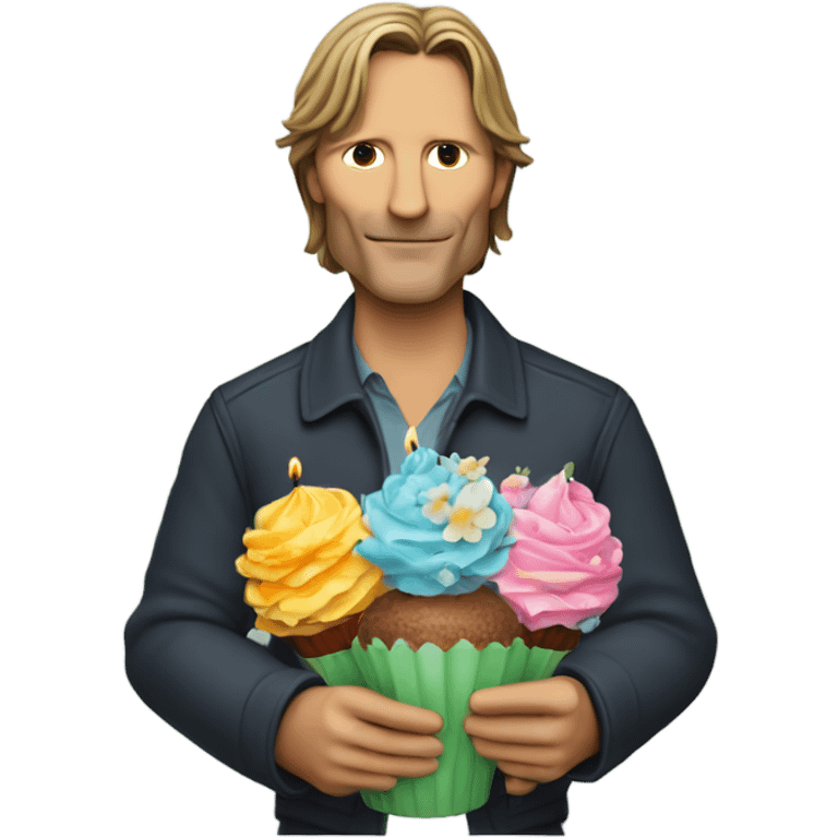 Viggo Mortenson holding a bunch of flowers and a cupcake with a birthday candle in it emoji