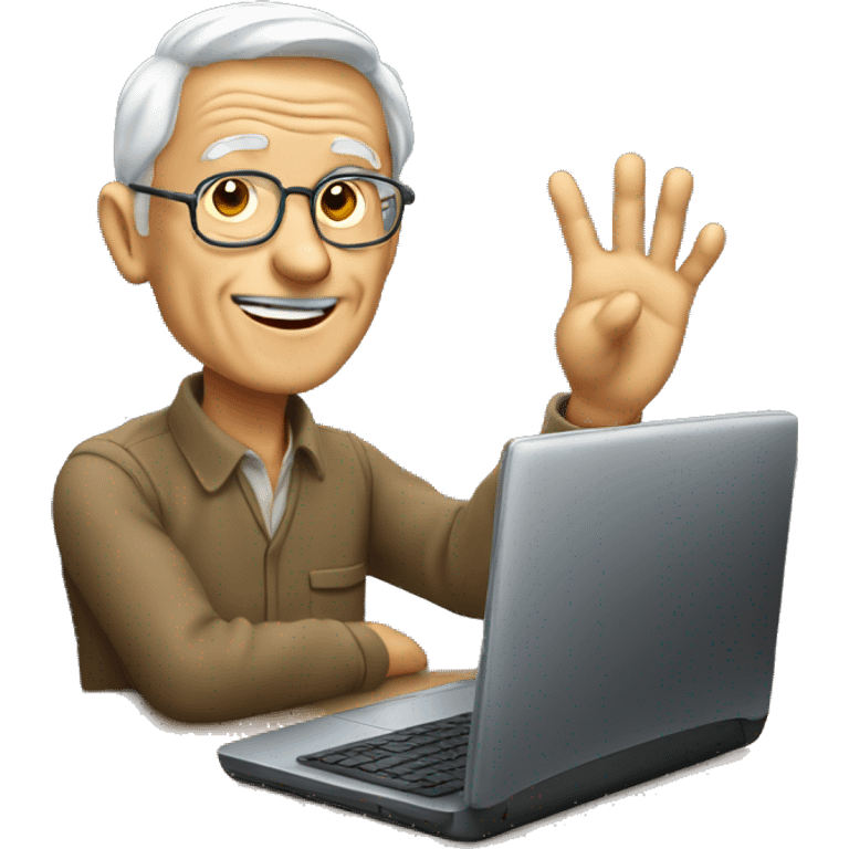 Old man in front of computer waving emoji