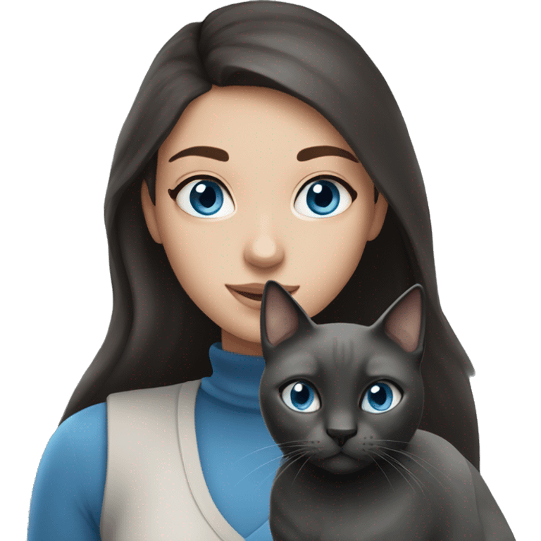 brunette girl with freckles and blue eyes with a grey and black cat emoji