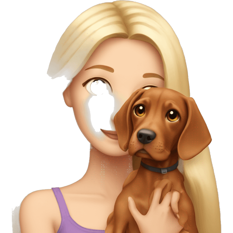 Pretty girl with long blonde hair holding cute vizsla dog emoji