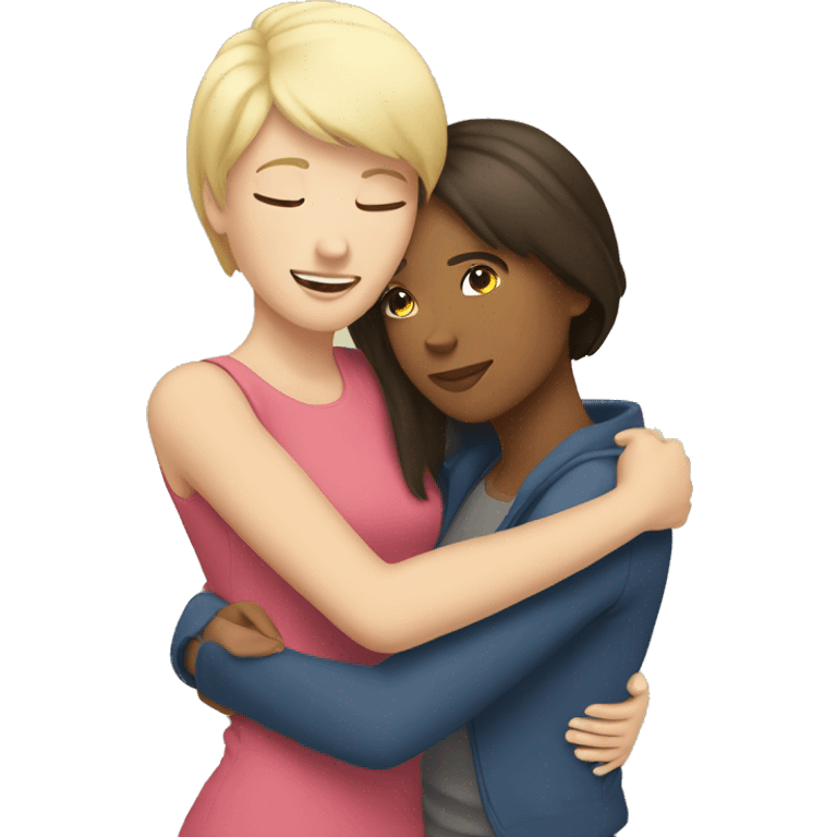 blond girl hugs brunette girl with short hair emoji