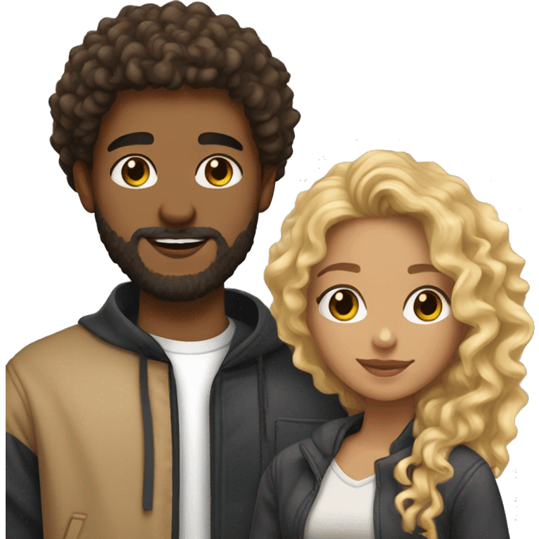 light brown skin girl with long curly brown and blonde curly hair and her boyfriend with black beard and light skin emoji