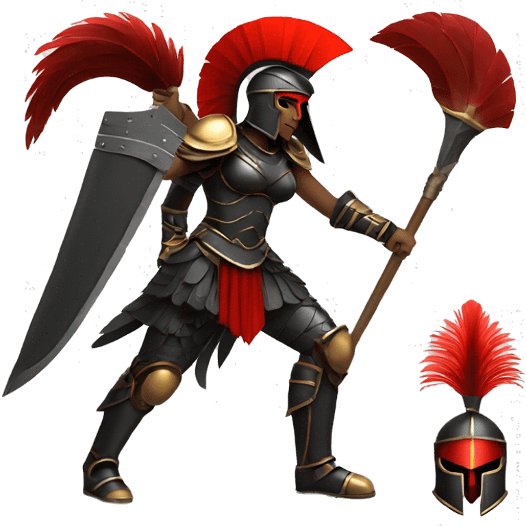 Fantasy spartan warrior female wearing detailed black armor with a red plumed helmet
 emoji