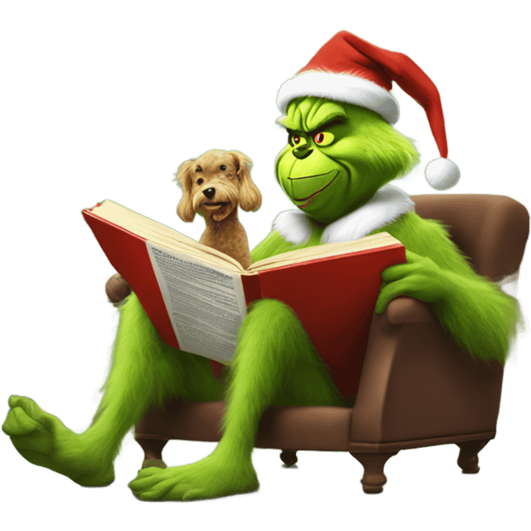 The grinch riding a poodle in the library while reading a comic book emoji