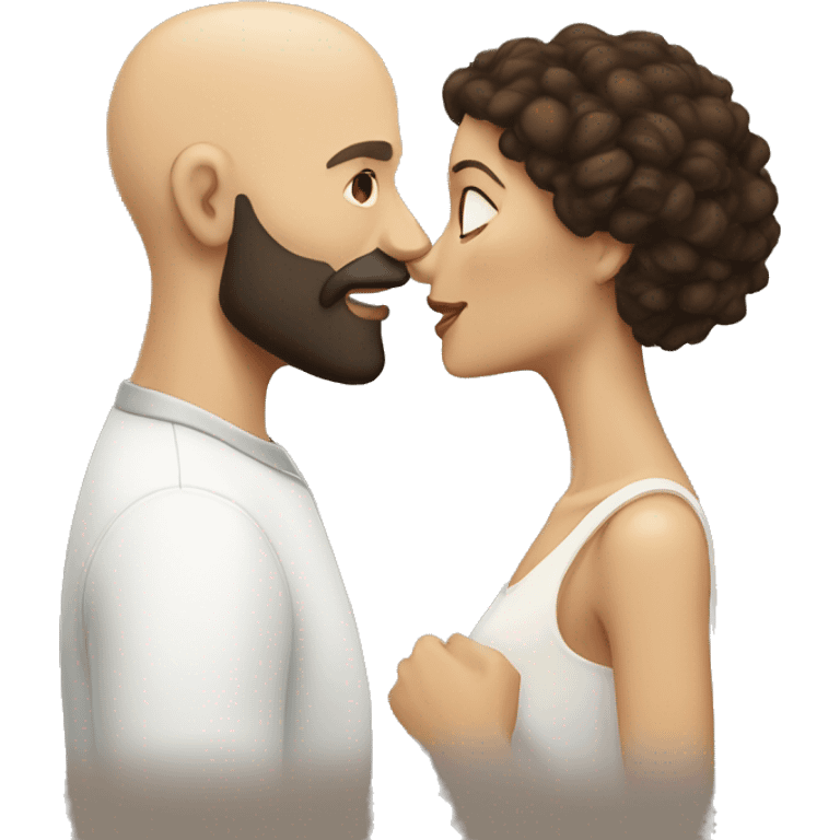 White Man bald with dark beard kissing short brown woman with long dark curly hair emoji