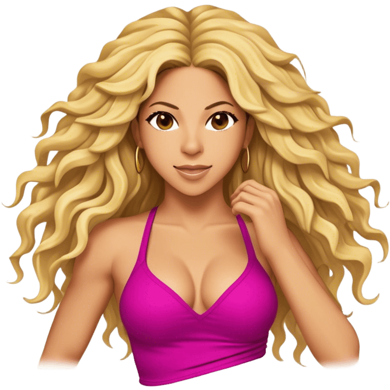 Cinematic Realistic Shakira Portrait Emoji, depicted as a dynamic charismatic pop icon with energetic movement and expressive features, rendered with vibrant textures and dynamic modern lighting that captures her global appeal. emoji