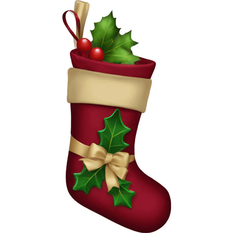 Christmas stocking with wine red green colors with beige satin bow emoji