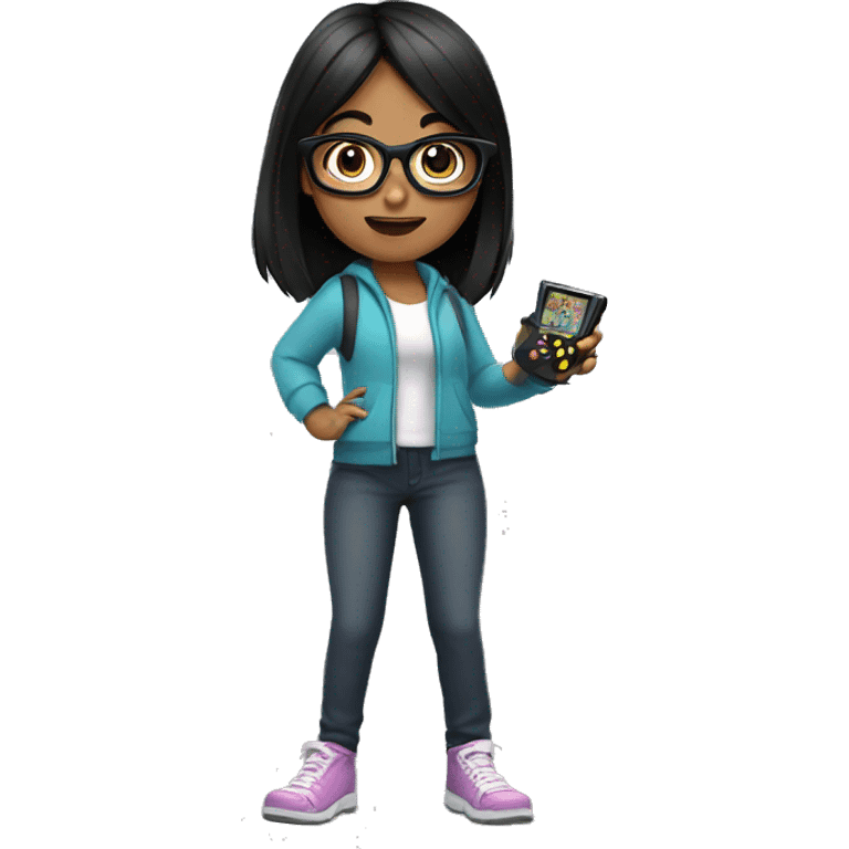 Girl with black hair and glasses playing video games emoji