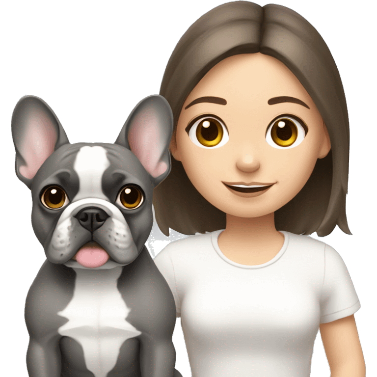 grey french bulldog with brunette girl emoji