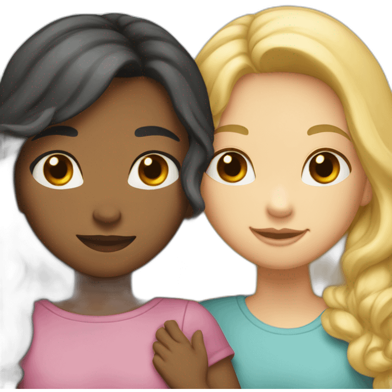 Two Girls are hugging each other. One girl has blond hair and Light eyes and the second girl has dark hair and dark eyes emoji