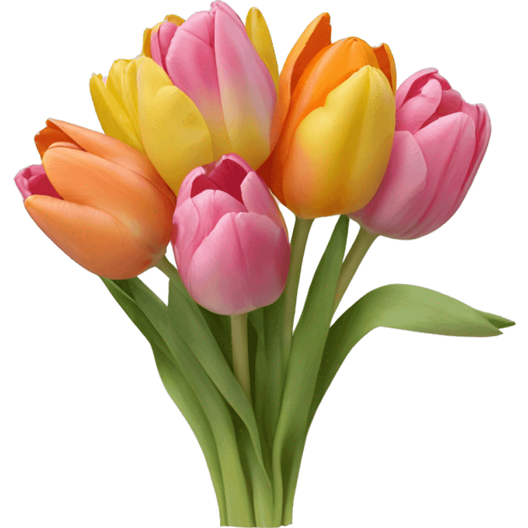 bouquet of pink,yellow,and orange tulips with a white bow wrapped around the stems  emoji