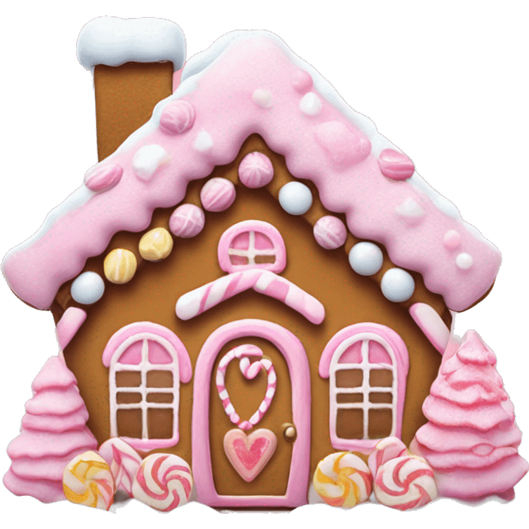 Pink gingerbread house with candy decorations, snow-covered roof, and a tiny heart on the door emoji