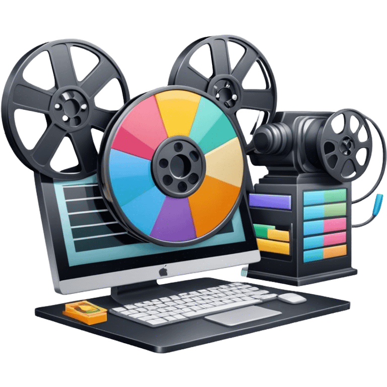 Create a vibrant and modern icon representing Animation and Motion Design, featuring elements like a film reel, a computer screen, dynamic motion lines, and a cinematographic film strip on an editing table. The design should be colorful, and dynamic, without any emojis. The background's transparent. emoji