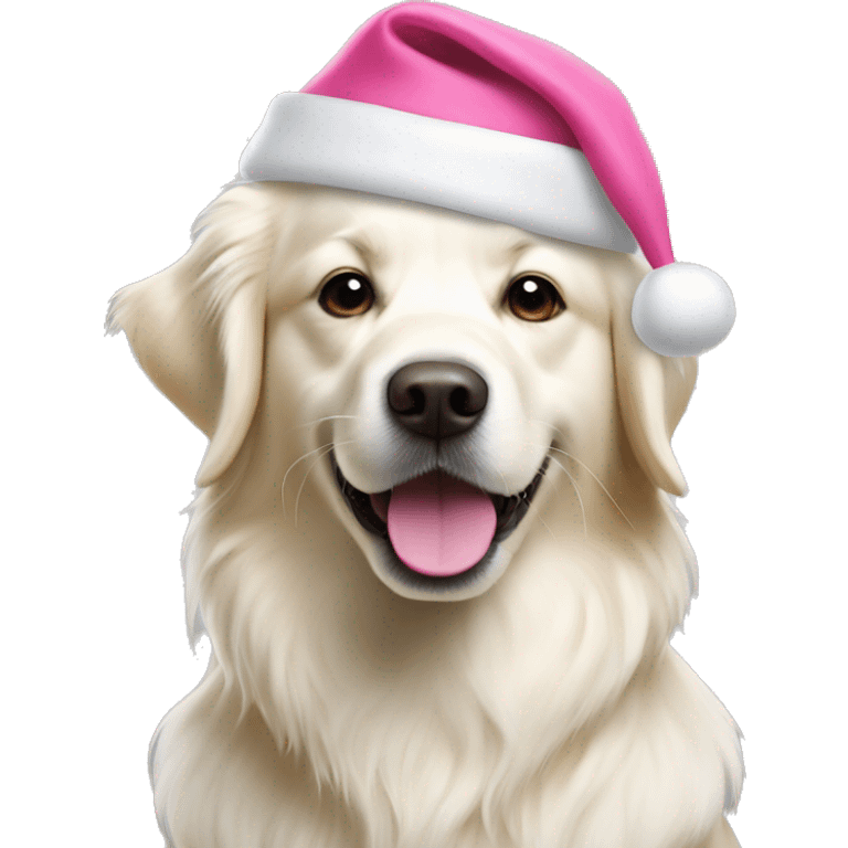 White golden retriever with pink Santa hat emoji