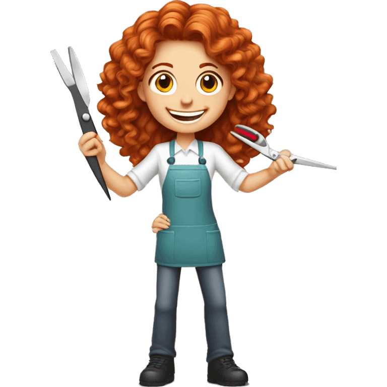 The manicure master is a red-haired girl with a nail file and scissors in her hand. He smiles, winks and calls for an appointment with his other hand emoji