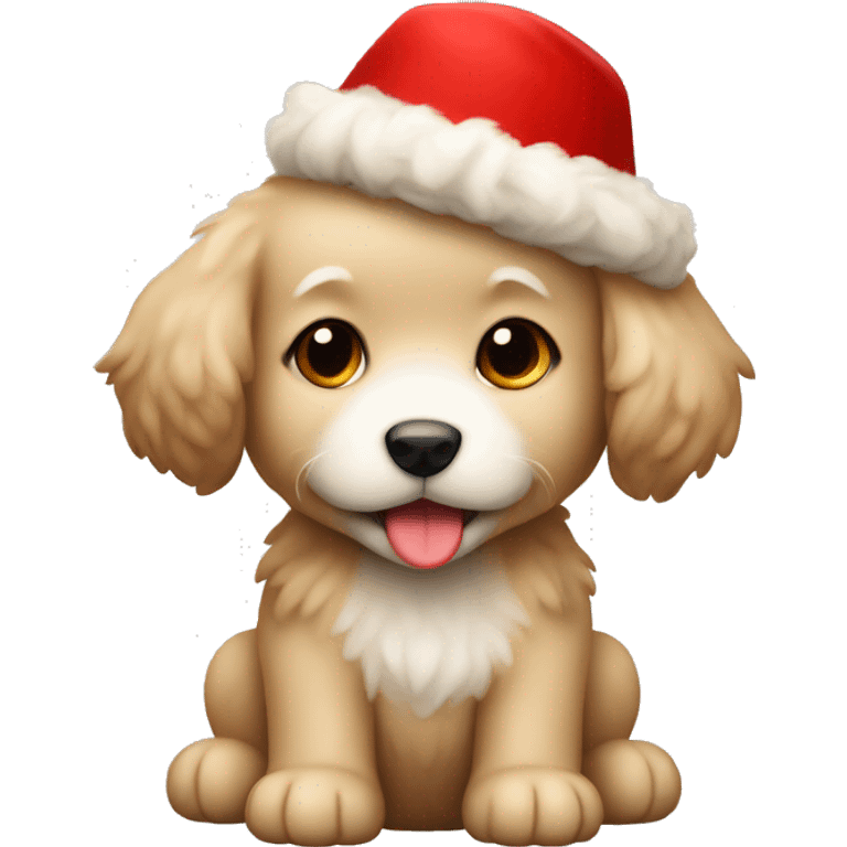 Beige fluffy puppy with a red hat emoji