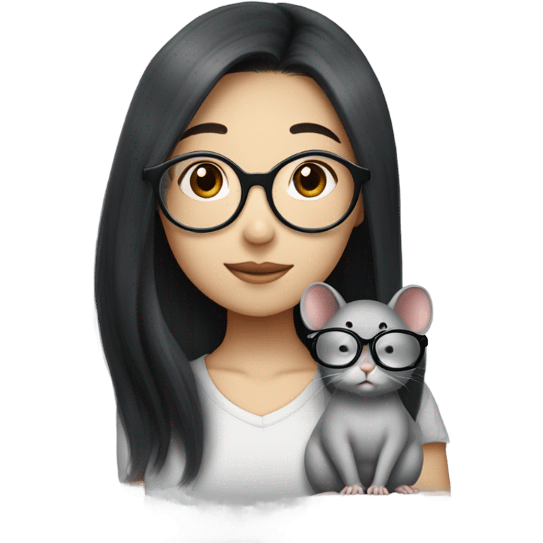 A korean girl with long black hair and circle frame glasseswhispering to a grey rat emoji