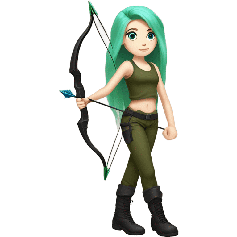 girl armed with bow and arrow, long pink hair, blue eyes, white skin, army green cargo pants, black tank top, black combat boots, elf ears emoji