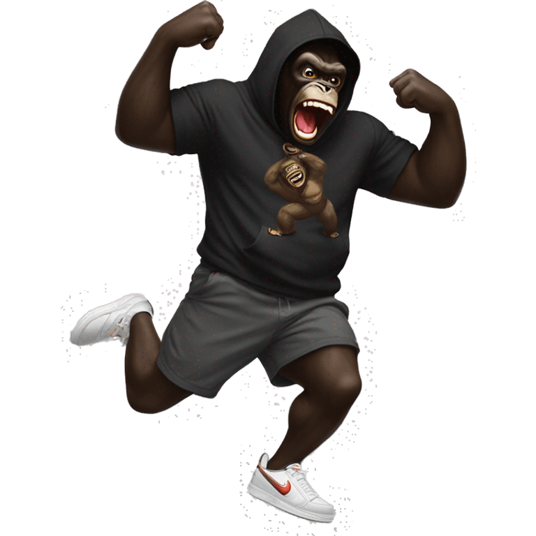 king kong dancing with a "GEEDUP" HOODIE, black shorts and nike tn shoes and a bumbag around his shoulder emoji