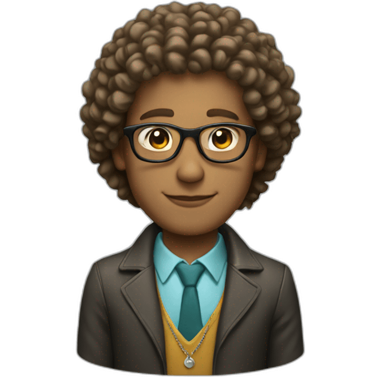 white man with curly hair, glasses, a jacket and a necklace emoji