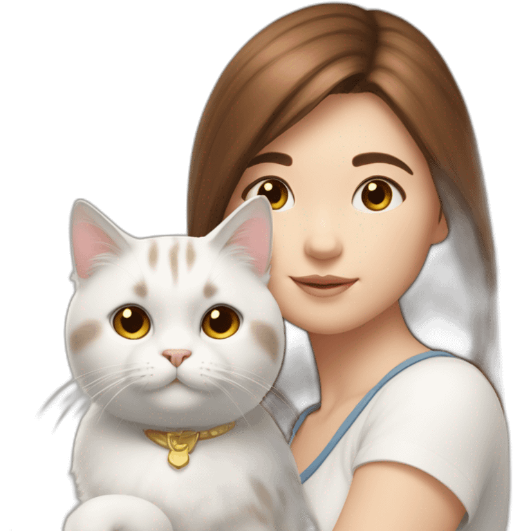 A girl with brown straight hair and on her left shoulder and neck lies a white fluffy cat with eyes of different colors emoji