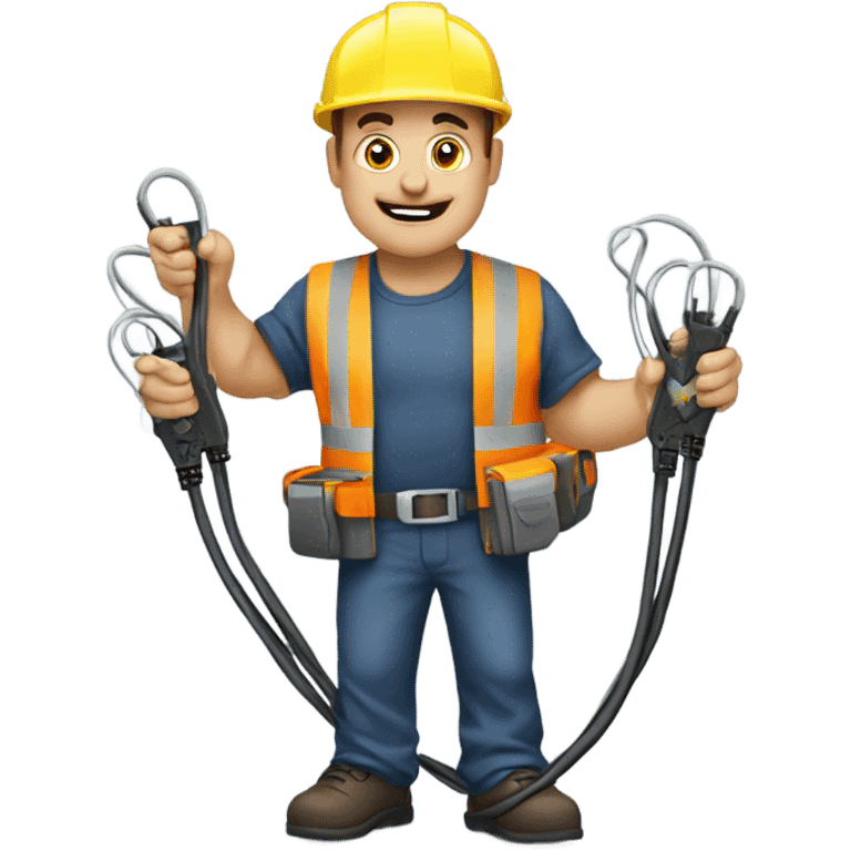 electrician holding two cables, electricity between them emoji