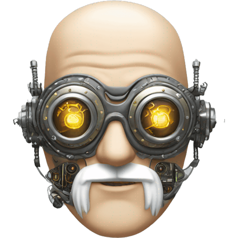 Bald cyborg head with silver steampunk goggles, white beard and circuits emoji