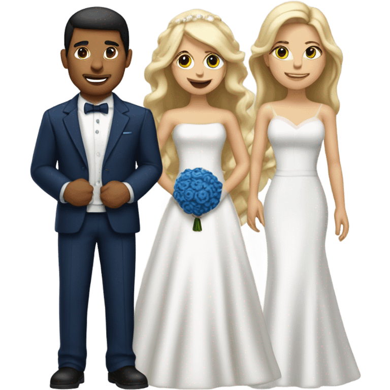 Puerto rican beard short hair with blue hat and navy blue suit getting Married with blond long hair girl with white  wedding dress  emoji