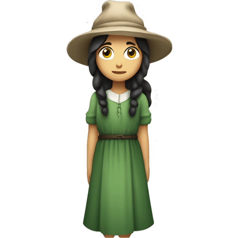 sad shepherdess, white skin, long dark hair, green dress and a hat (whole body emoji) emoji