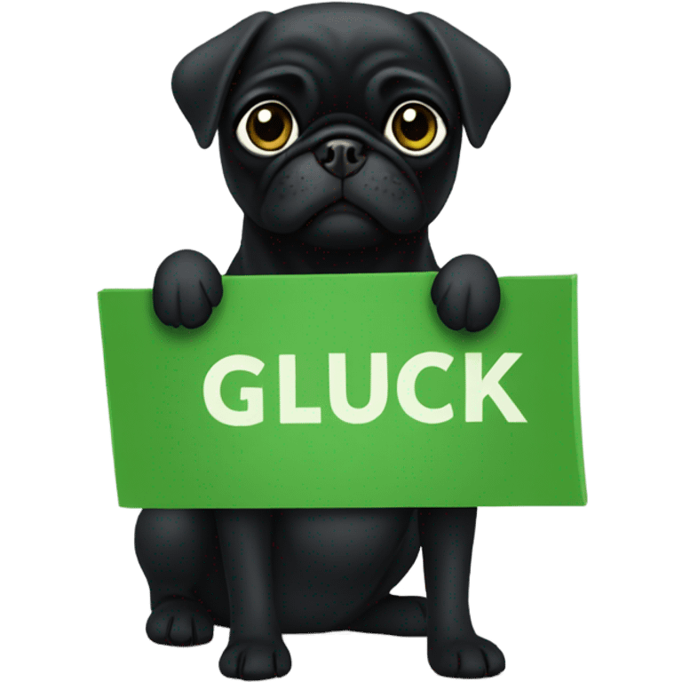 Black pug holding a green sign that says good luck  emoji