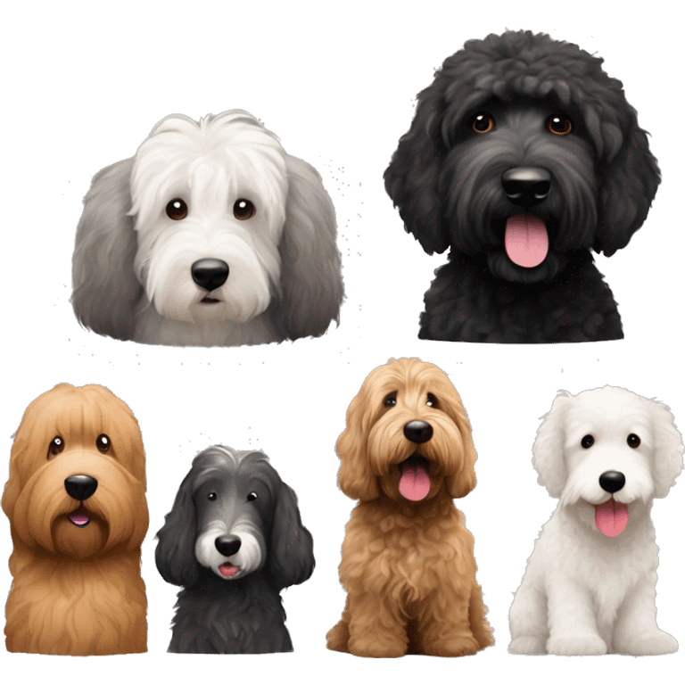 Black goldendoodle, brown golden doodle, old English sheepdog, and a black goldendoodle  emoji