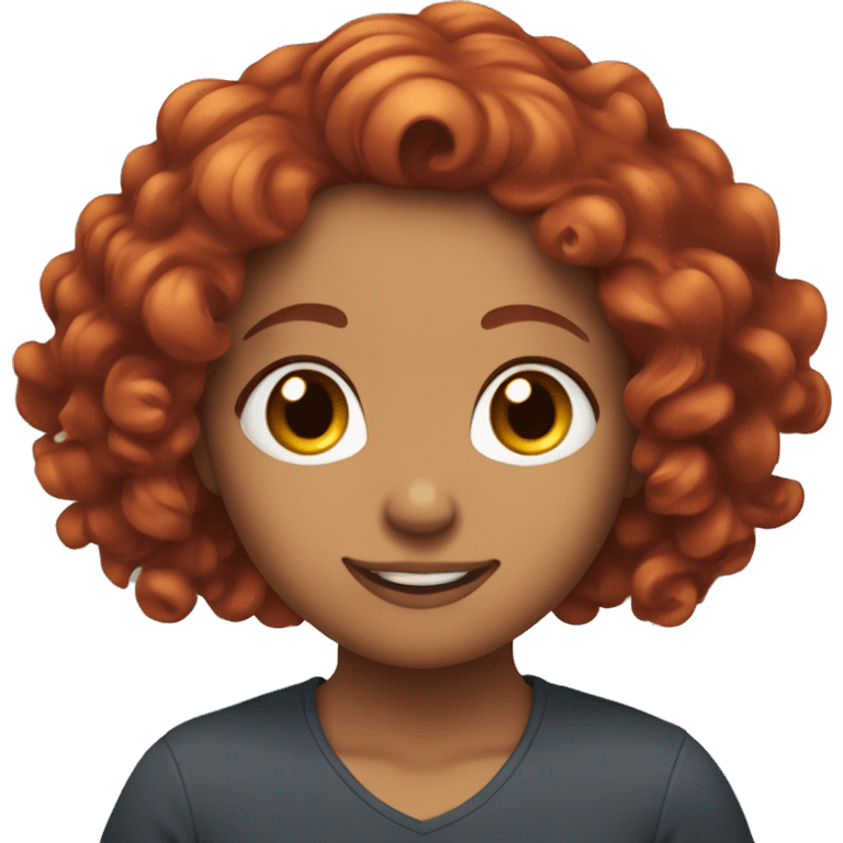 A girl with red curly hair tucking hair behind both ears while smirking emoji