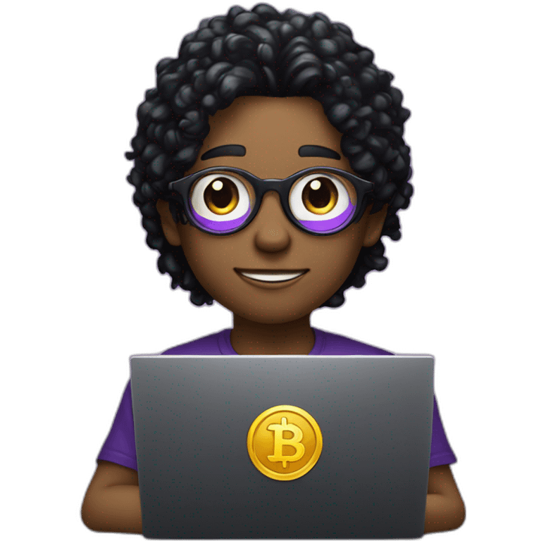 A Boy with purple and black hair black full tshirt with glossy gogle siting with laptop and crypto coin  emoji