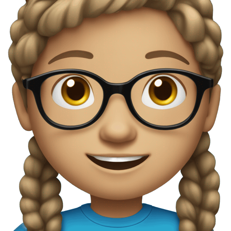 Little Girl, white skin, bronze hair smile tutor black frame glasses, bright blue t shirt emoji