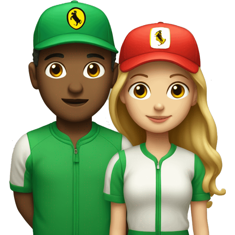 Boy in green baseball cap and girl in Ferrari jumper emoji