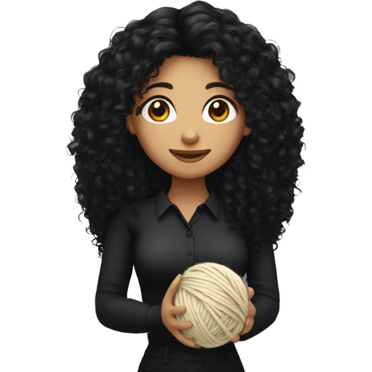 woman with long black curly hair holding one ball of yarn wearing a black shirt emoji