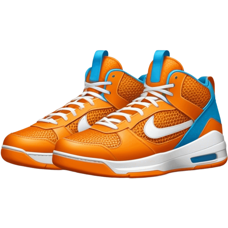 Cinematic Realistic image of a pair of basketball sneakers featuring detailed mesh and leather textures, vibrant color accents and dynamic design lines, illuminated by bold, high-energy arena lighting emoji