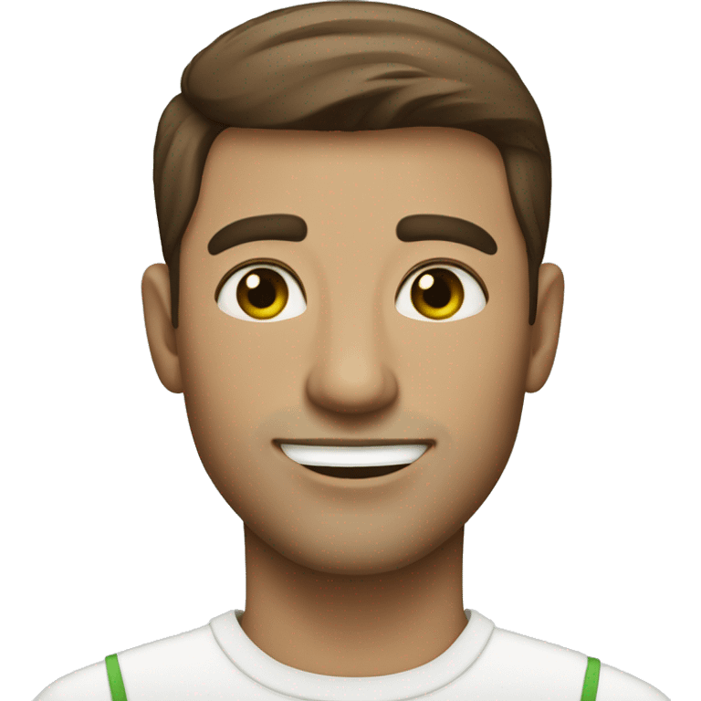 man with brown hair and green eyes holding a bouquet of white tulips emoji