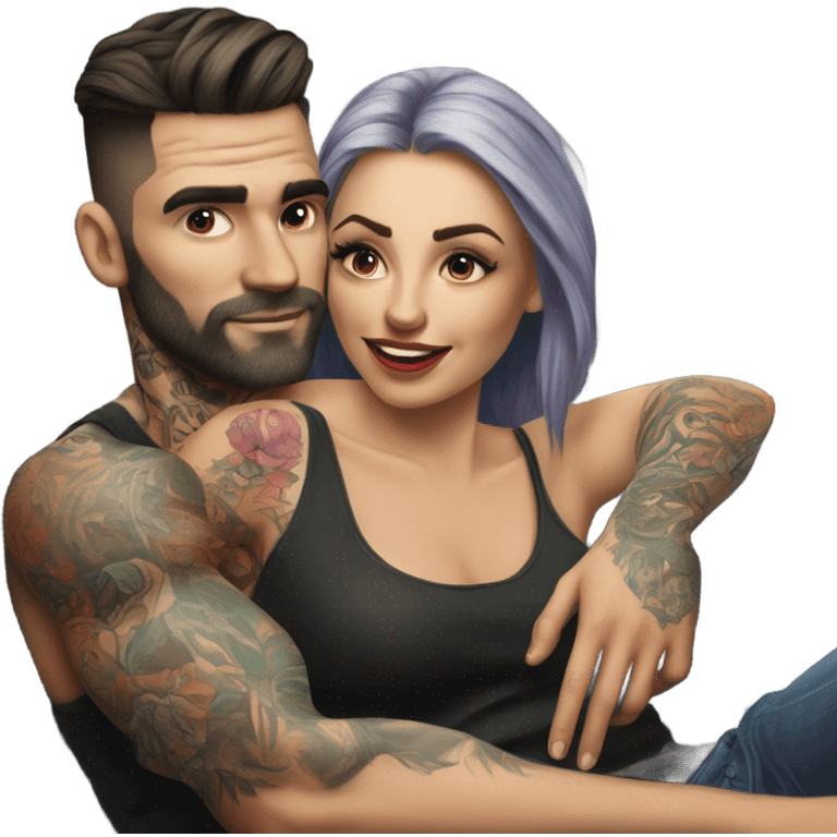 Hyper Realistic beautiful woman in the arms of a very handsome tattooed man on a sofa emoji