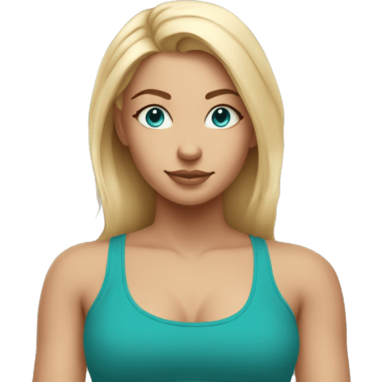 Blonde Yoga girl sitting teal crop top blue eyes emoji