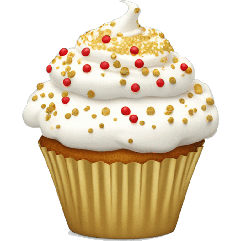  cupcake with white frosting and gold and red sprinkles emoji