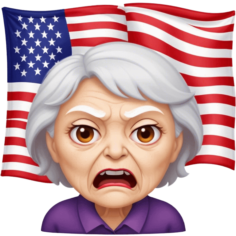 Angry old woman in front of upside-down flag emoji