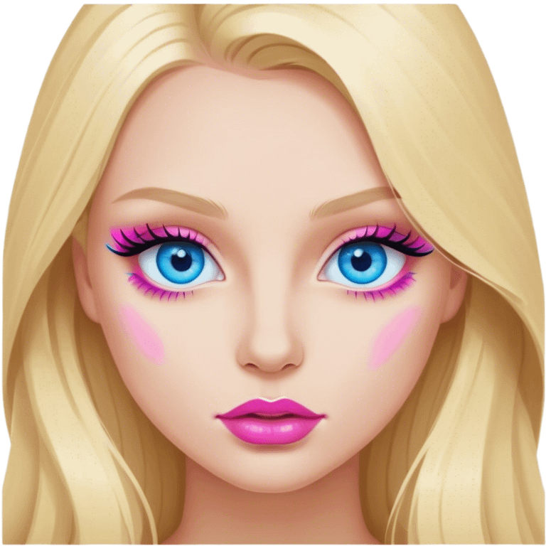 Cinematic realistic blonde with long hair, blue eyes and pink lips paints her eyelashes emoji